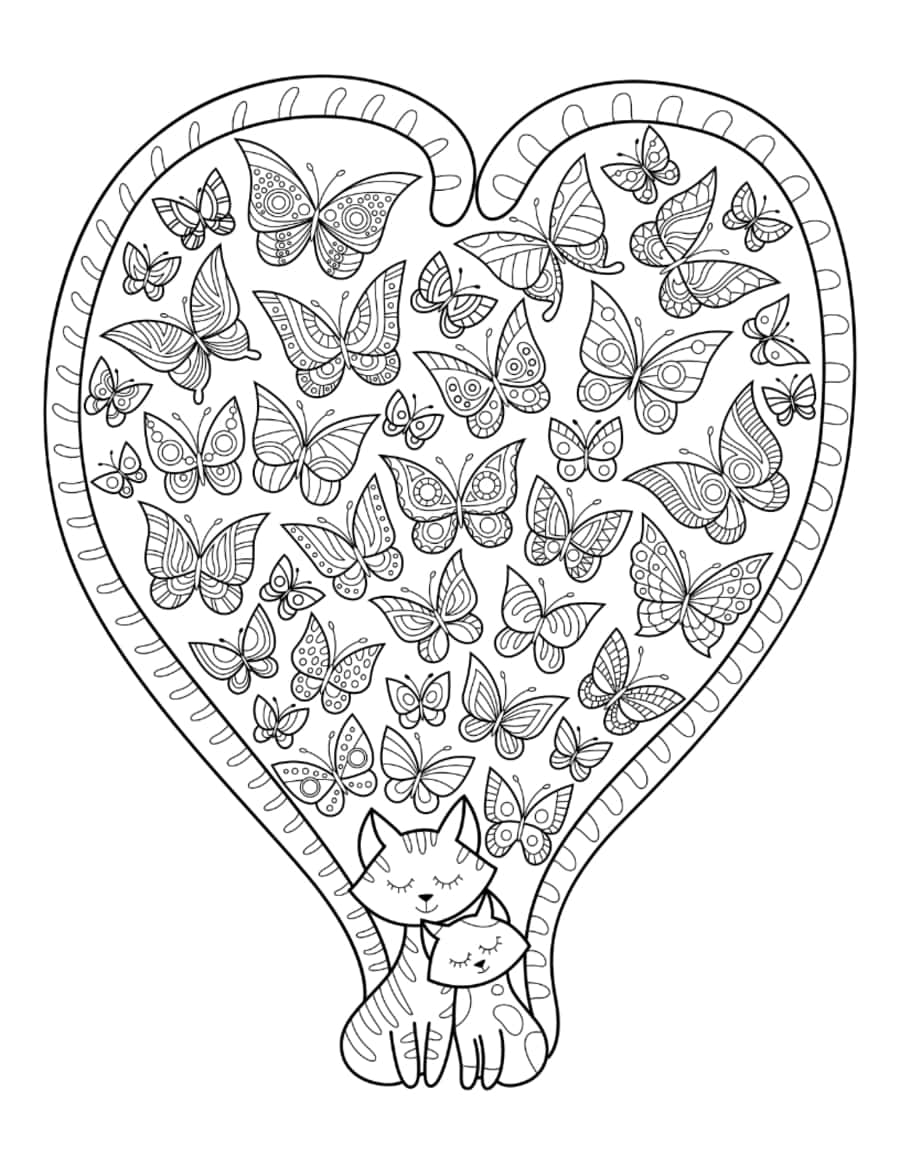 Cats Heart Tails Butterflies Cat Coloring Pdf Free Vectors